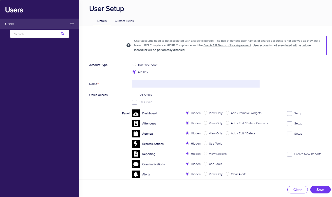 EventsAir User Setup screen showing how to create an API key